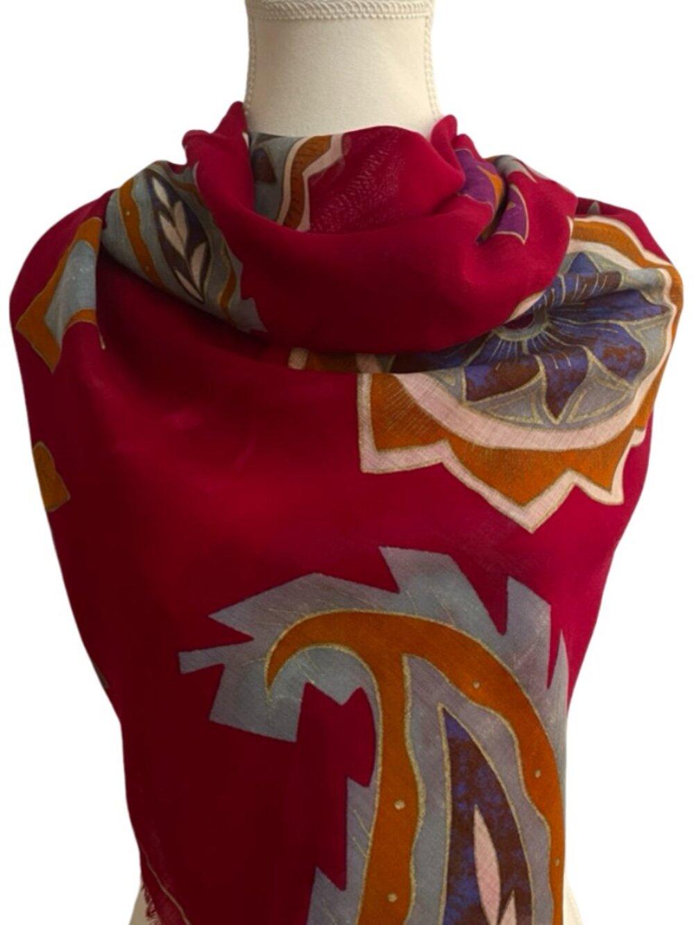 Saldarini Designer Paisley Floral Square Scarf Raspberry Red Purple